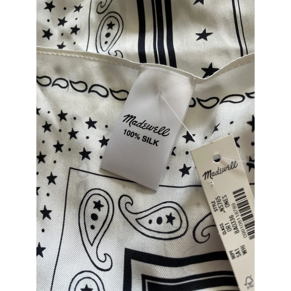 Madewell White Black 100% Silk Paisley Star Bandana Scarf NS765 NEW